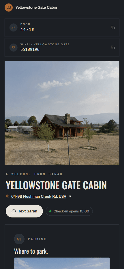 The same welcome book's home screen, showing the property photo, door code and Wi-Fi