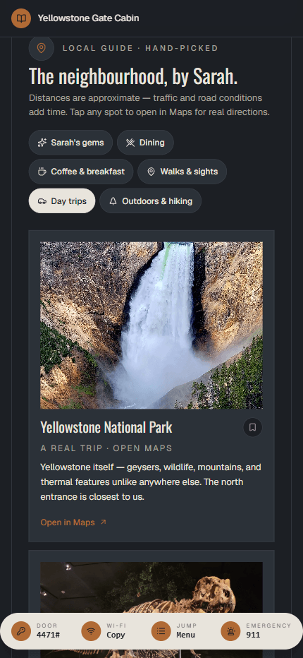A Foreword welcome book on a phone, showing local day trips chosen for the property including Yellowstone National Park